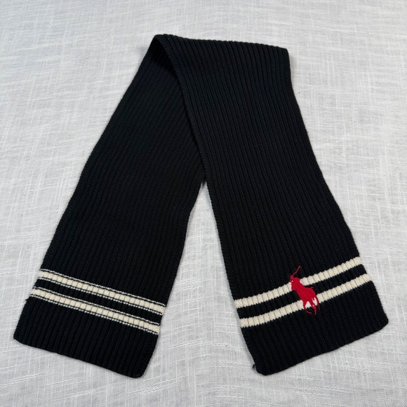 Y2K Polo Ralph Lauren Black Knit Scarf Pony White Stripe Classic Grunge Preppy - Picture 2 of 8